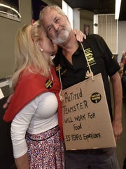 U.S. Representatives Debbie Dingell gives retired Teamster Jan D. Kachur, right, 75, of Deerfield, a hug before a town hall meeting last year to discuss the importance of retiree pensions.