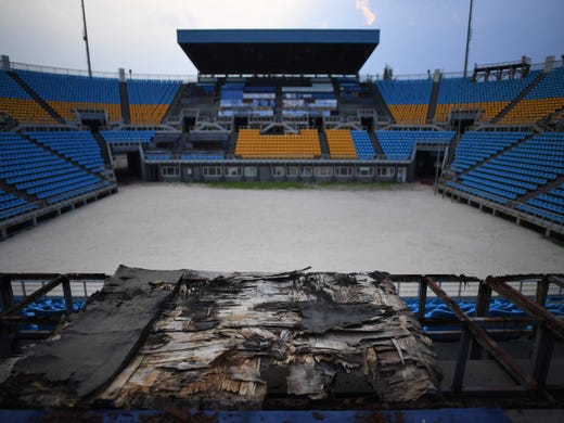 Rotting wood at what once was the grandstand at the beach volleyball stadium.