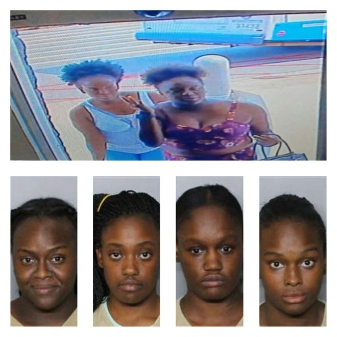 Four women from Lehigh Acres were charged in the theft of a chicken and lemonade from a Walmart in Port Charlotte. Two were also charged in the theft of clothing from a Port Charlotte  Macy's.  ABove, surveillance photo allegedly shows two of the women entering the Walmart. From left, Seay, Thomas, Davis, and Loggins.