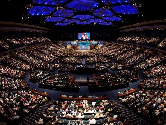 Joel Osteen's Lakewood Church in Houston, shown during service on Feb. 27, 2011, seats 17,000. Its church service is broadcast to more than 7 million weekly.