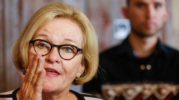 Claire McCaskill talks to the media at her...