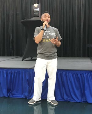 Franqua Bedell speaks during an event celebrating TCC's women's basketball national championship last summer. He will now work as an associate head coach at Missouri State this upcoming season.