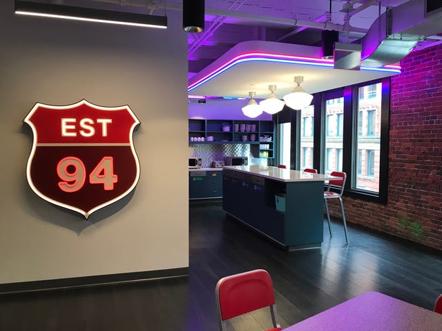 A break space inside the Amazon office building at 27 Melcher St. in Boston, which houses some of the 1,200 Amazon corporate staff who work in the greater Boston area. The newly refurbished building was formerly a Necco wafer candy factory. Amazon was founded in 1994.