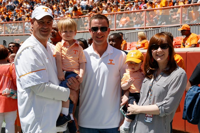 Head Coach Jeremy Pruitt of the Tennessee Volunteers with wife Casey and sons Ridge, Jayse, and Flynt before the 2018 Orange and White Game at Neyland Stadium in Knoxville on April 21, 2018.