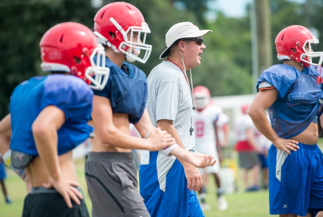 Head coach Kent Smith football practice at Pace High School on Thursday, August 9, 2018.