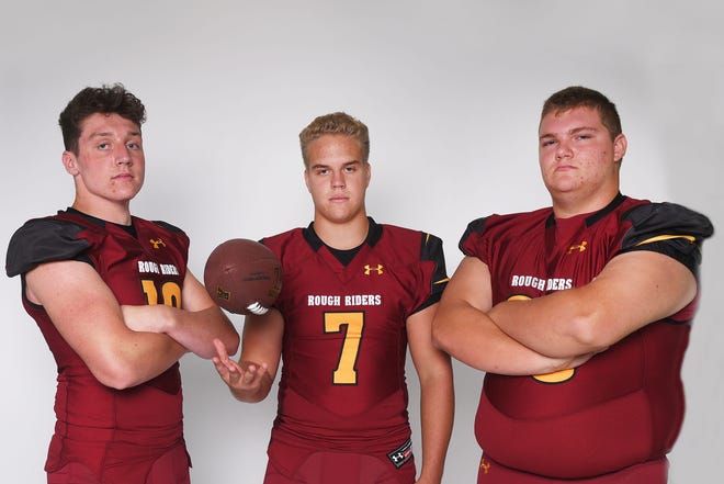 Roosevelt High School's Ethan Winter, from left, Joey Otta and Mason Amato during football media day Tuesday, Aug 7, at Argus Leader Media in Sioux Falls.