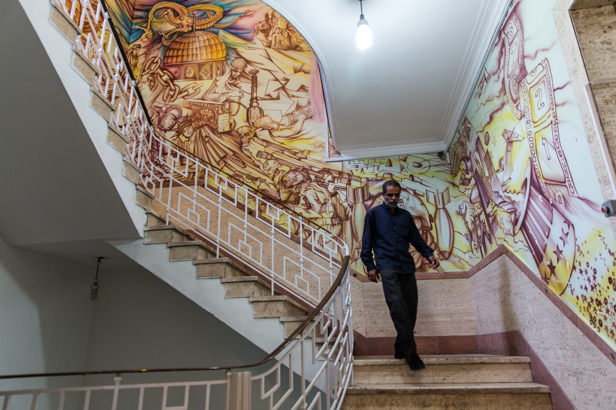 Anti-American murals line the inside of the former U.S. Embassy in Tehran.