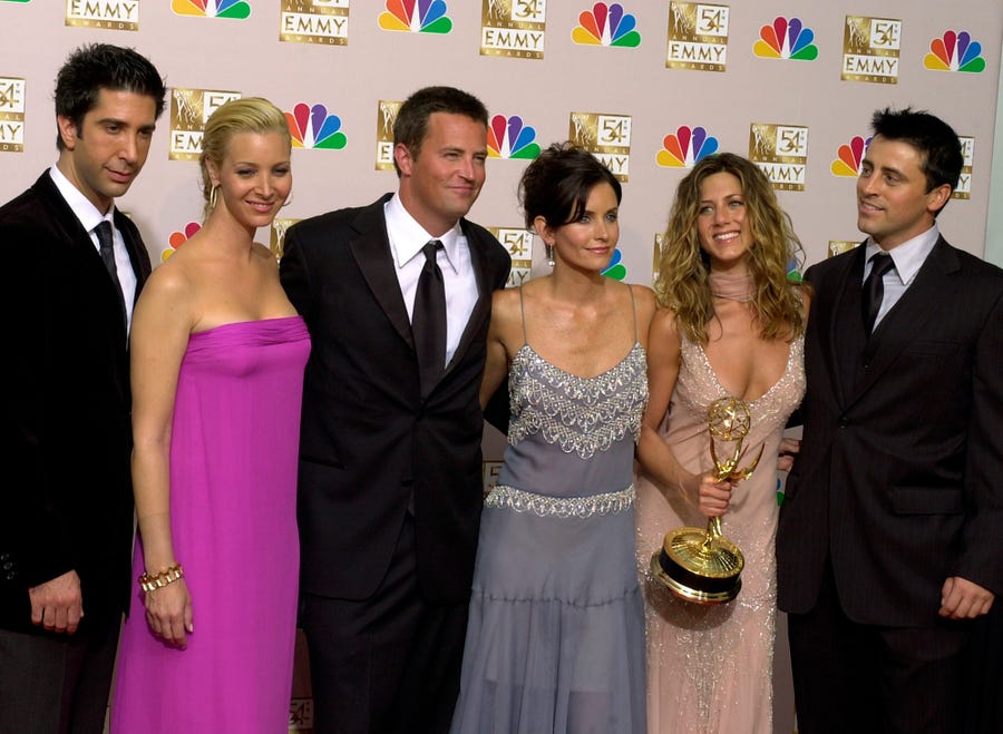 FILE - In this Sunday, Sept. 22, 2002 file photo, the stars of "Friends," from left, David Schwimmer, Lisa Kudrow, Matthew Perry, Courteney Cox Arquette, Jennifer Aniston and Matt LeBlanc pose after the show won outstanding comedy series at the 54th Annual Primetime Emmy Awards, at the Shrine Auditorium in Los Angeles. Almost 15 years after it was canceled, "Friends" is still there for British viewers. The catchphrase-generating New York sitcom is the most popular show on U.K.   streaming services, beating big-budget original productions from Netflix and Amazon it was announced on Friday, Aug. 10, 2018. (AP Photo/Reed Saxon, file) ORG XMIT: LLT101