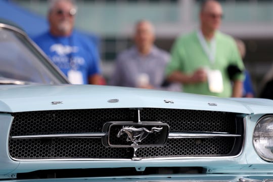The grill on the 1964 Ford Mustang owned by Gail Wise, the first Mustang sold. It is at Ford world headquarters in Dearborn during the event celebrating the building of 10,000,000 Mustangs on Wed., Aug 8, 2018. 