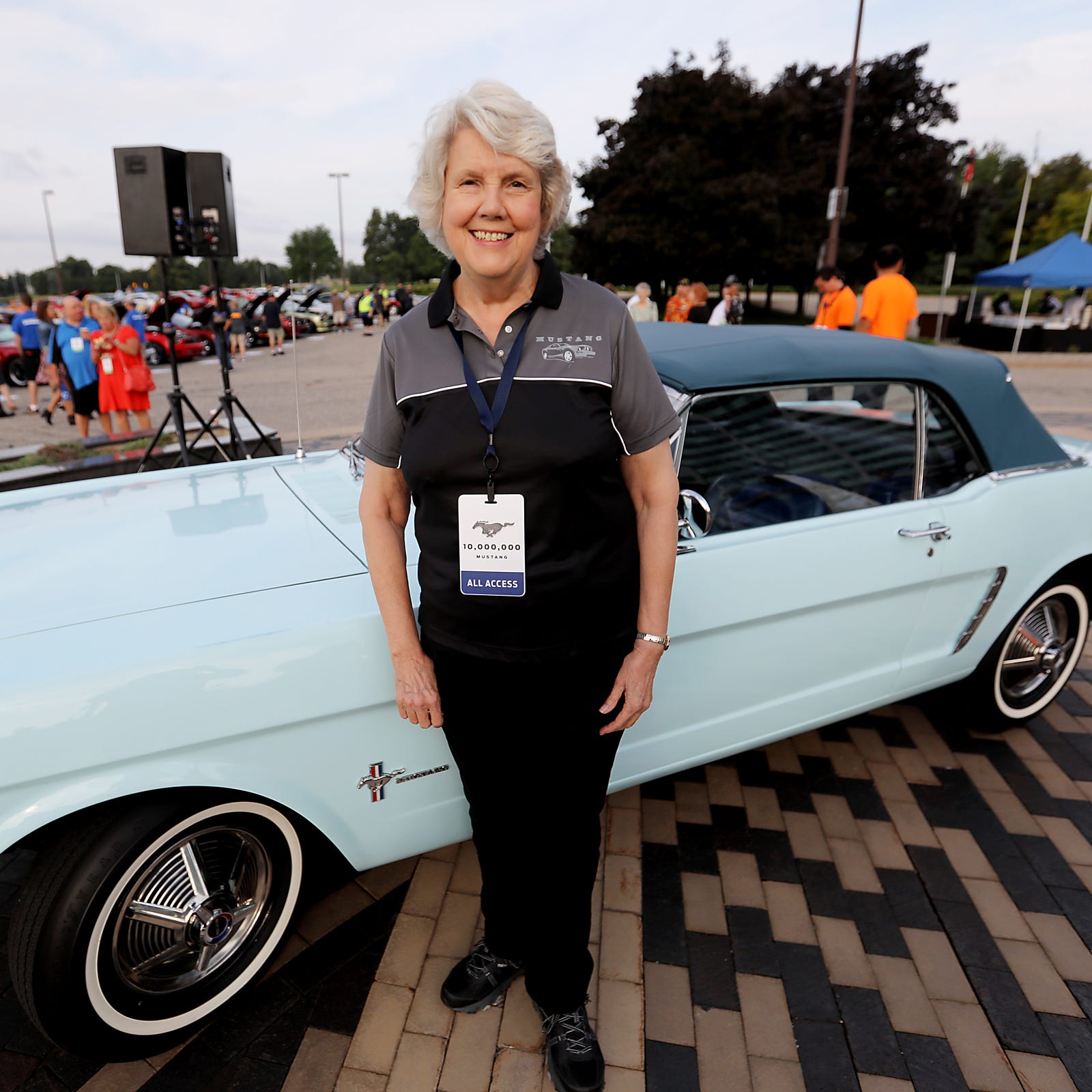 Gail Wise, 76, of Park Ridge, Illinois is the first buyer of a 1964 Ford Mustang. She and the car are at Ford world headquarters in Dearborn celebrating the building of 10,000,000 Mustangs on Wed., Aug 8, 2018.