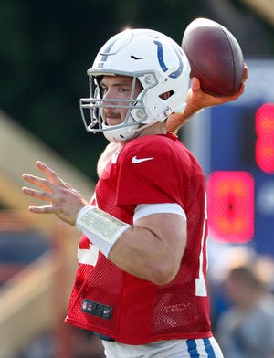 Indianapolis Colts quarterback Andrew Luck (12) during their preseason training camp at Grand Park in Westfield on Sunday, August 12, 2018. 