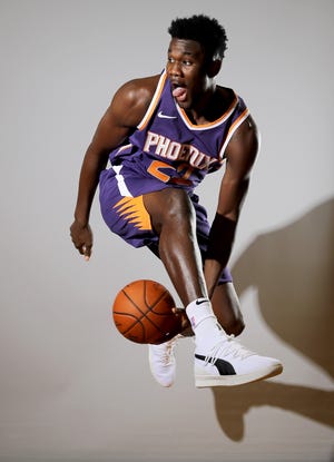 Deandre Ayton of the Phoenix Suns poses for a portrait during the 2018 NBA Rookie Photo Shoot at MSG Training Center on August 12, 2018 in Tarrytown, New York.