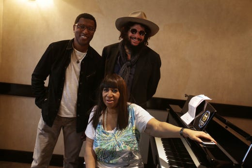 Aretha Franklin poses for a photograph with veteran producer Don Was, right and longtime friend and producer Kenny (Babyface) Edmonds during their first pre production meeting for her upcoming album at the Westin hotel in Southfield, MI on Thursday October 17, 2013. (Via OlyDrop)