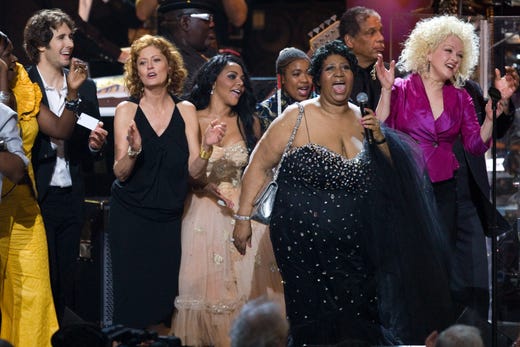 Josh Groban, Susan Sarandon, Little Kim, Aretha Franklin and Cyndi Lauper gather on stage for the finale of the 'Mandela Day' Concert to celebrate Nelson Mandela's 91st birthday at Radio City Music Hall in New York, Saturday, July 18, 2009. (AP Photo/Charles Sykes) ORG XMIT: NYCS710