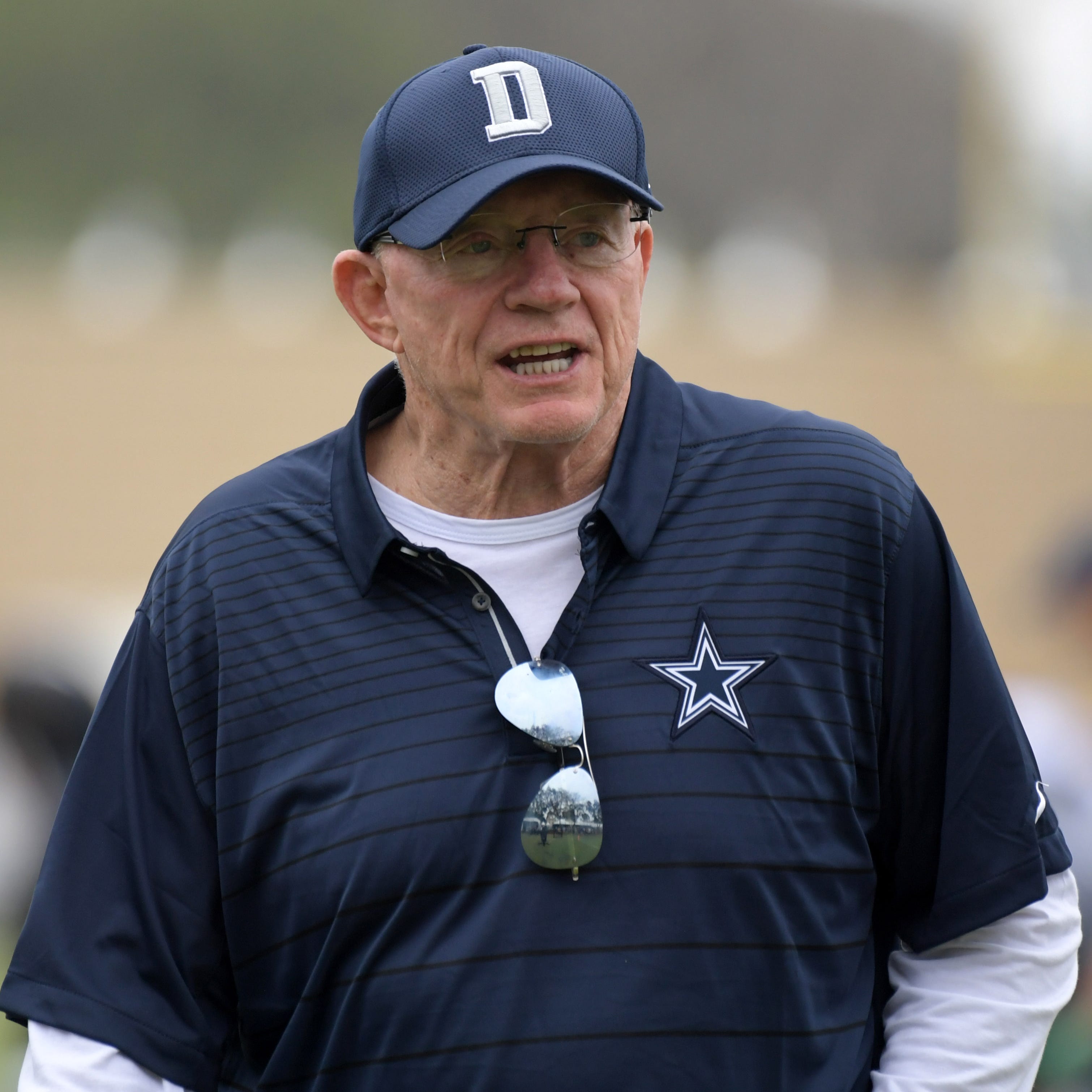 Dallas Cowboys owner Jerry Jones reacts during training camp.