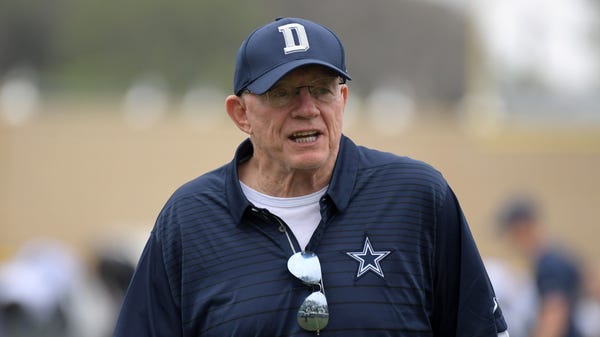 Dallas Cowboys owner Jerry Jones reacts during...