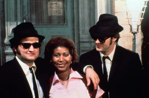 John Belushi, left, Aretha Franklin and Dan Aykroyd in a scene from the 1980 motion picture "The Blues Brothers." CREDIT: Universal Pictures