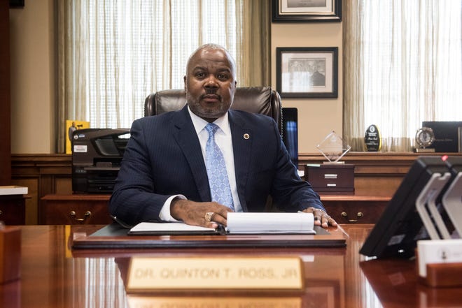 ASU President Quinton Ross posses for a portrait in his office at Alabama State University in Montgomery, Ala., on Tuesday, Aug. 14, 2018. Ross took over as university president last year and will be formally inaugurated on Aug. 30. 