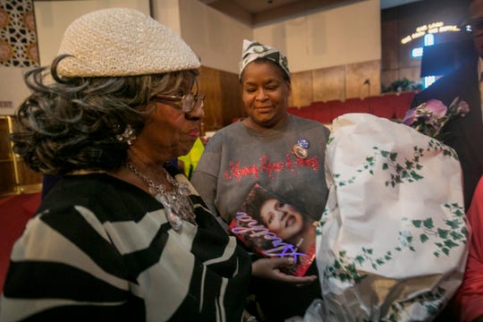 Aretha Franklin's personal secretary Fannie Tyler, left, greets well wishers and media after a prayer vigil for Franklin at the New Bethel Baptist Church on Wednesday, August 15, 2018.