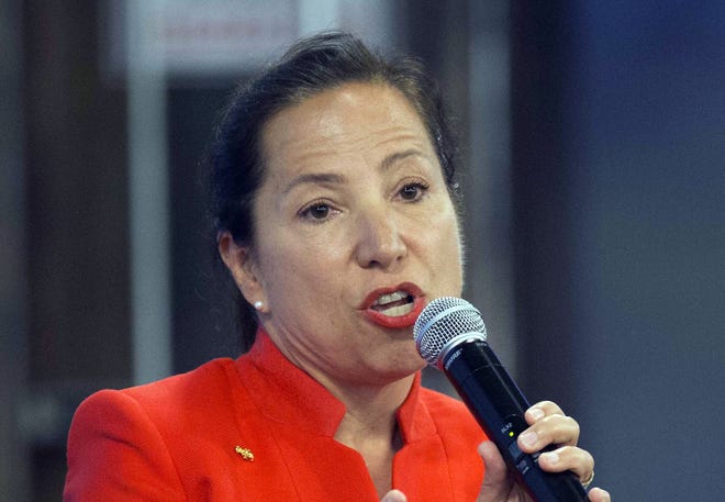 Eleni Kounalakis, candidate for lieutenant governor in the upcoming election, speaks during a debate sponsored by the Sacramento Press Club in Sacramento, Calif, April 17, 2018.