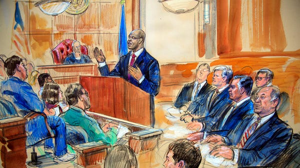 This courtroom sketch depicts Paul Manafort, seated right row second from right, together with his lawyers, the jury, seated left, and the U.S. District Court Judge T.S. Ellis III, back center, listening to Assistant U.S. Attorney Uzo Asonye, standing, during opening arguments in the trial of President Donald Trump's former campaign chairman Manafort's on tax evasion and bank fraud charges.   (Dana Verkouteren via AP) ORG XMIT: VADV302