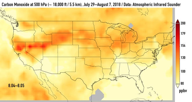 Carbon monoxide (in red and orange) from fires in California has drifted all the way across the country.
