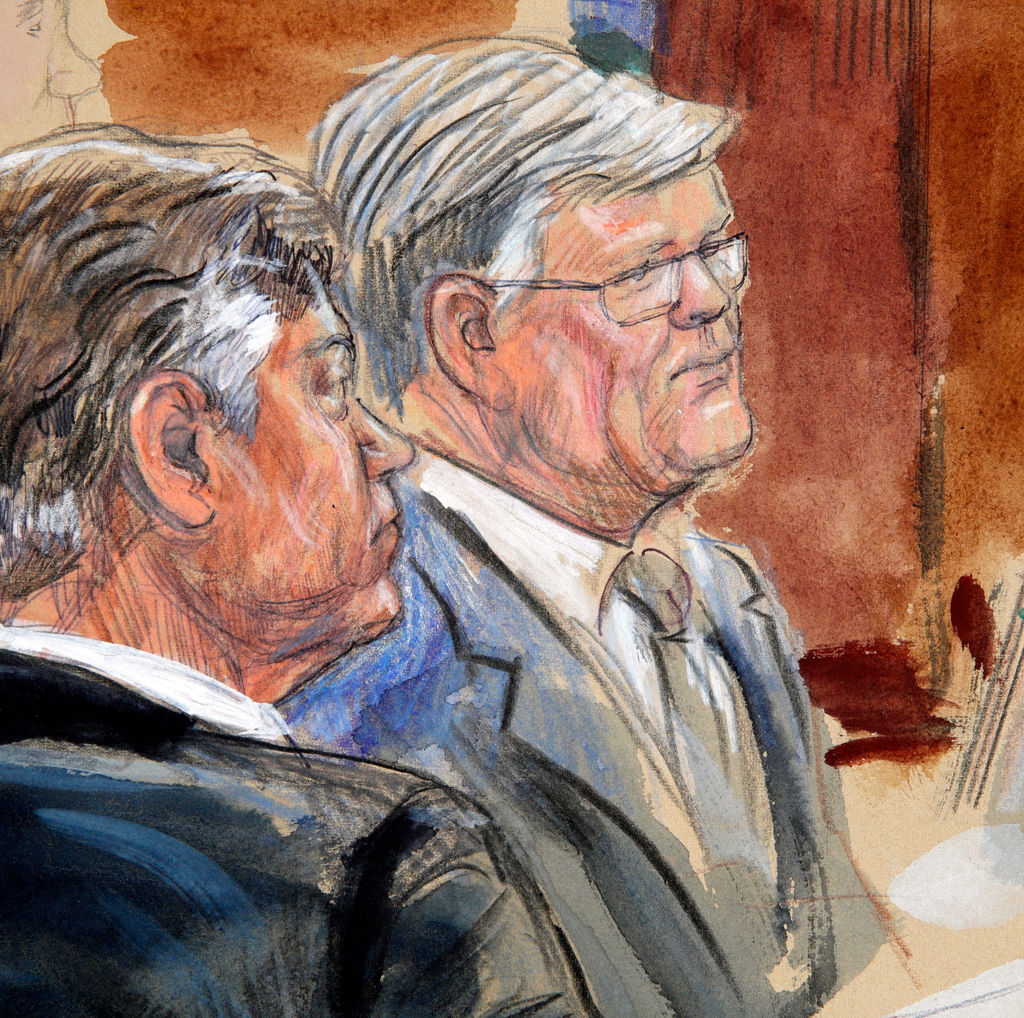 This courtroom sketch depicts former Donald Trump campaign chairman Paul Manafort, left, listening with his lawyer Kevin Downing to testimony as Manafort's trial continues in Alexandria, Va., on Aug. 7, 2018.