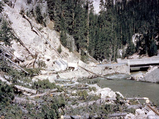 Debris from a landslide blocks part of a road in Gibbon Canyon in Yellowstone National Park after a magnitude-7.3 earthquake struck the area on Aug. 17, 1959.