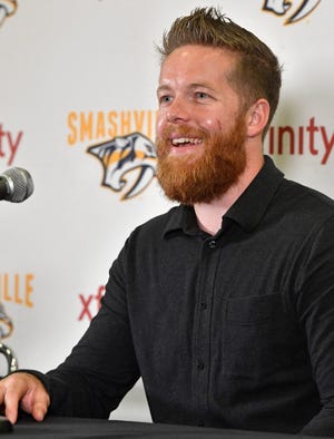 Defenseman Ryan Ellis and GM David Poile will talk about Ellis' new contract that is an eight-year, $50 million deal that will see him remain in Nashville through the 2026-27 seasonThursday Aug. 16, 2018, in Nashville, Tenn.
