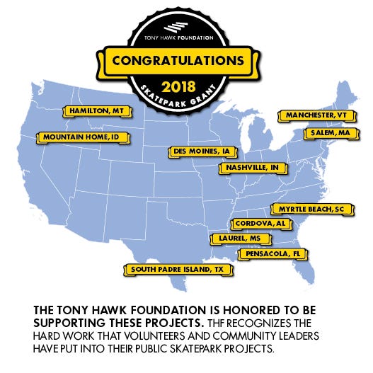 A graphic made by the Tony Hawk Foundations shows a map of the 11 cities chosen to receive grants toward new skate parks.