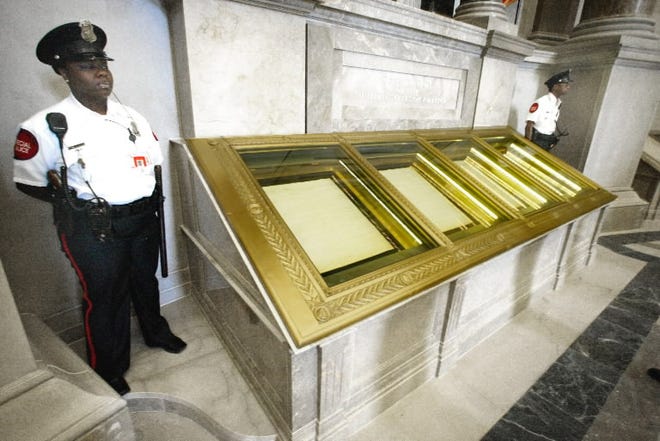 The U.S. Constitution is on display at the National Archives in 2003.