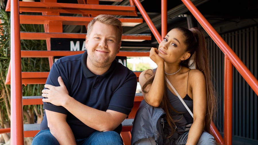 Ariana Grande carried by James Corden during 'Carpool Karaoke' stop