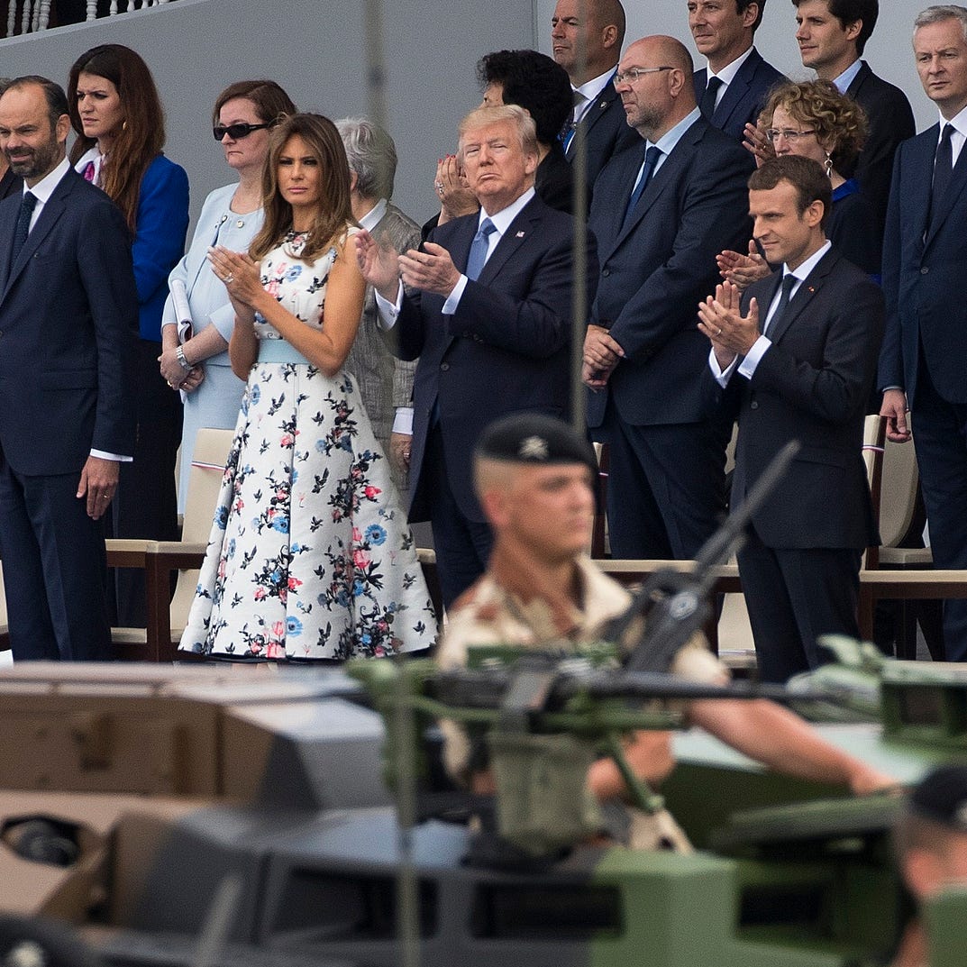 Tanks parade past President Donald Trump, first lady Melania Trump, French President Emmanuel Macron and his wife Brigitte Macron, during Bastille Day parade on the Champs Elysees avenue in Paris,  July 14, 2017.