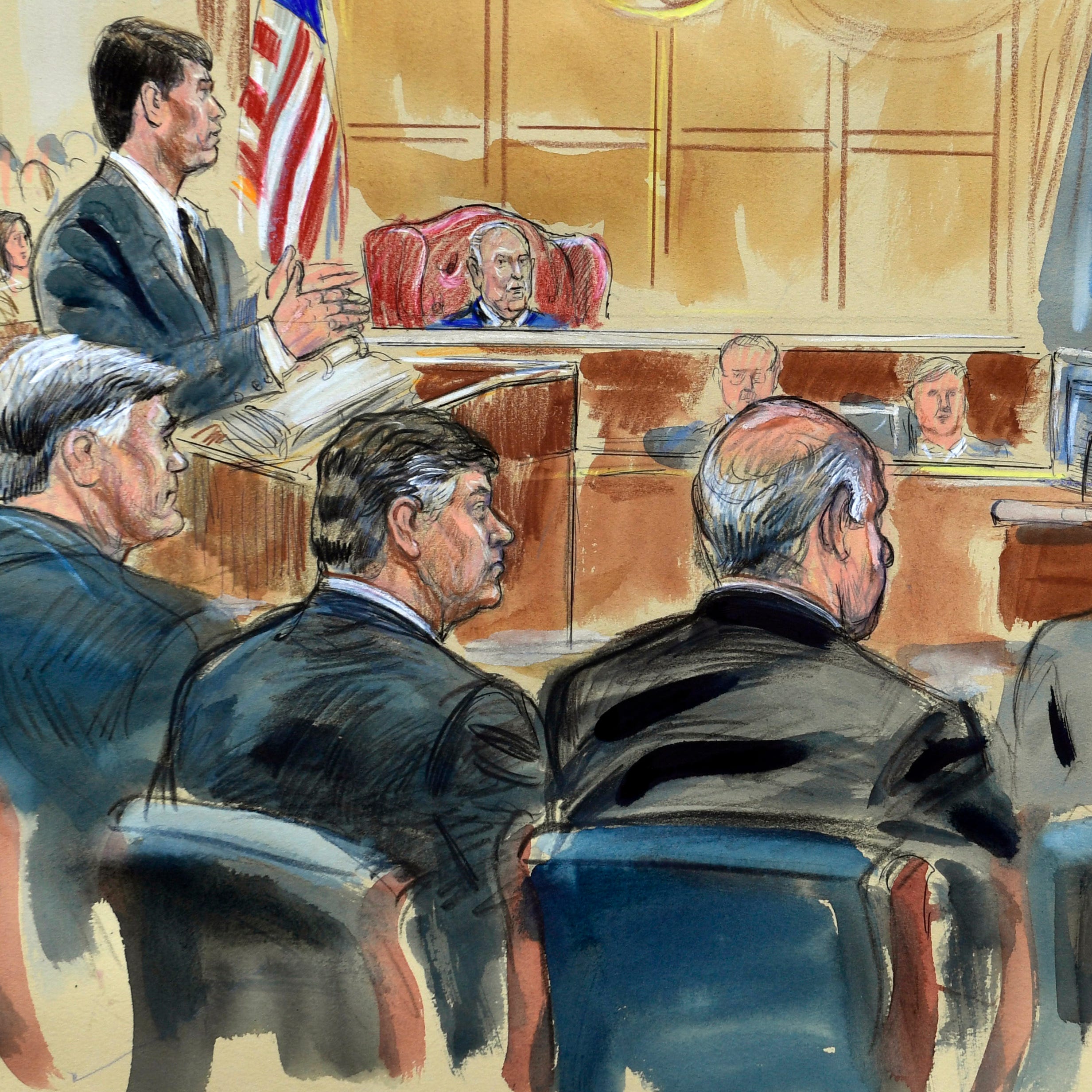 This courtroom sketch depicts Rick Gates, right, answering questions by prosecutor Greg Andres as he testifies in the trial of Paul Manafort, seated second from left, at the Alexandria Federal Courthouse in Alexandria, Va., Aug. 6, 2018.