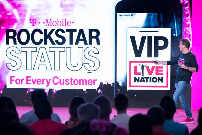 T-Mobile President and Chief Operating Officer, Mike Sievert unveils RockStar Status for T-Mobile customers at T-Mobile's Un-carrier NEXT event at the T-Mobile Customer Experience Center on Wednesday, August 15, 2018 in Charleston, S.C.