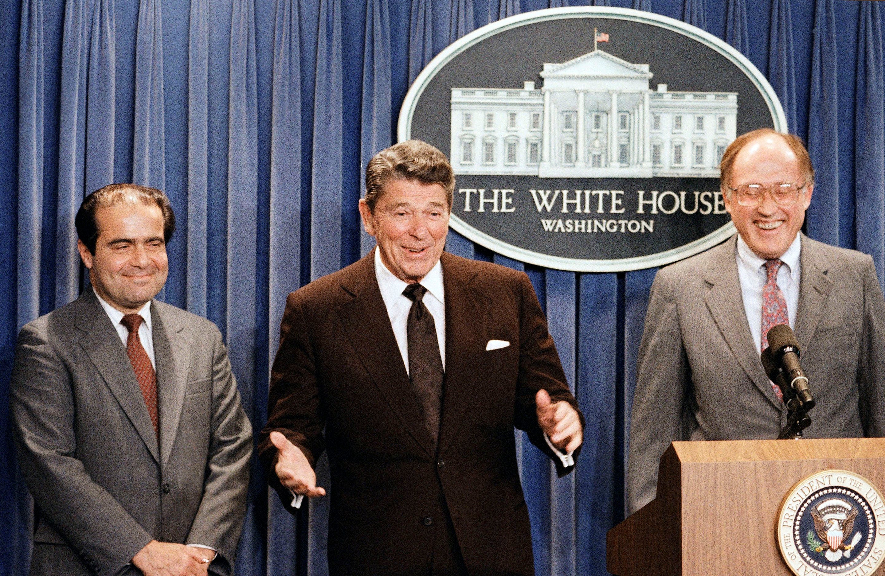 Former chief justice William Rehnquist, shown here with President Ronald Reagan and former associate justice Antonin Scalia, is among Supreme Court nominee Brett Kavanaugh's heroes.