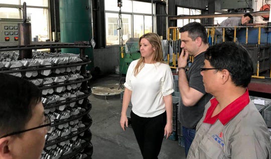 Mary Buchzeiger, CEO, and Mike Kaminskas, logistics coordinator, both from Lucerne International, on a visit to a partner forging plant in Taizhou, China.
