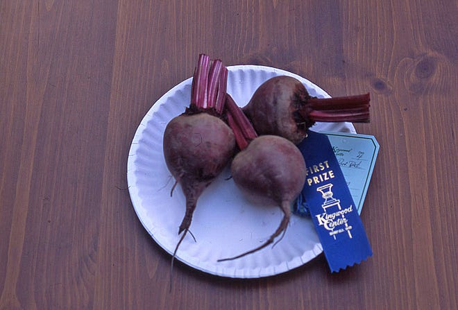 Follow the show schedule as to the number of specimens for each entry. There are three beets in the beet category, along with a completed entry tag for this blue ribbon winner int eh vegetable category.