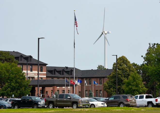 The wind turbine shown Friday, Aug. 17, at the St. Cloud VA Health Care System will be taken down in 2019. The 600-kilowatt turbine is about 250 feet tall at the highest point of its blade rotation.