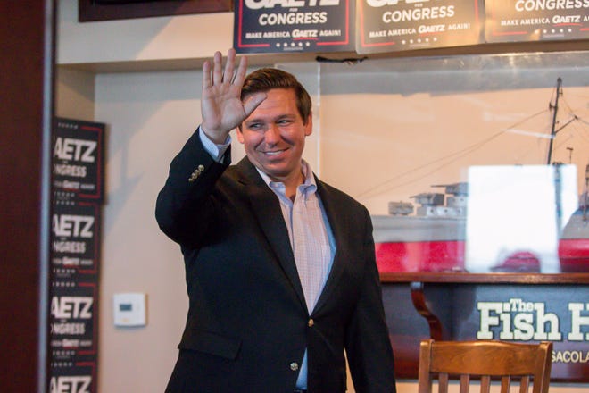 Republican Rep. Ron DeSantis waves to supporters during the Freedom Tour, which also featured Republican Reps. Matt Gaetz and Jim Jordan, at the Fish House on Saturday, August 18, 2018. Gaetz is running for re-election in Florida's 1st congressional district, which includes the panhandle. DeSantis, a gubernatorial candidate, currently represents Florida's 6th congressional district, which includes Palm Coast and Daytona Beach on the east coast. Jordan founded the Freedom Caucus and represents Ohio's 4th congressional district. He also is a candidate for Speaker of the U.S. House of Representatives.
