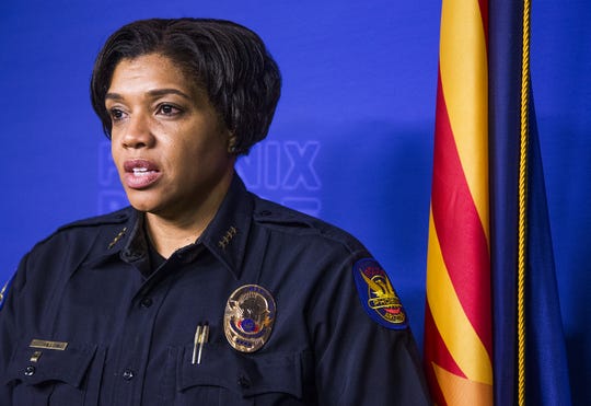 Phoenix Police Chief Jeri Williams talks about the recent uptick in police shootings in Phoenix and throughout Arizona at Phoenix Police Department headquarters on Aug. 17, 2018.