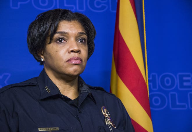 Phoenix Police Chief Jeri Williams talks about the recent uptick in police shootings in Phoenix and throughout Arizona at Phoenix Police Department headquarters on Aug. 17, 2018.