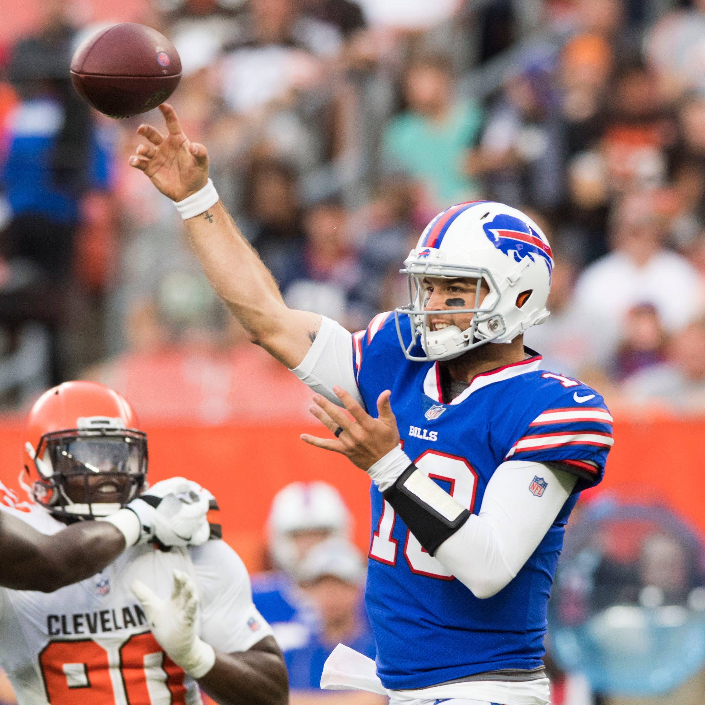 Buffalo Bills quarterback AJ McCarron (10) throws a pass during the first quarter against the Cleveland Browns at FirstEnergy Stadium.