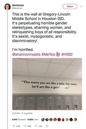 A tweet posted by Lisa Beckman on Friday criticizes a quote that was found at Gregory-Lincoln Middle School in Houston Independent School District. The quote was later removed by the district.