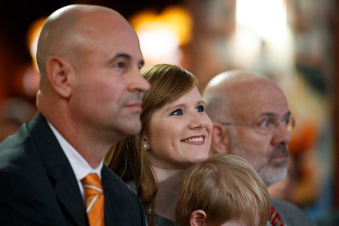Casey Pruitt at a press conference to introduce her husband, Jeremy Pruitt, as the head coach of the Tennessee Volunteers football team at the Peyton Manning Locker Complex at Neyland Stadium in Knoxville on December 7, 2017.