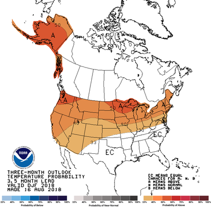 The National Weather Service's outlook for temperatures in the United States in December 2018 and January and February 2019. Michigan has a 40 percent chance of experiencing above normal temperatures this winter.
