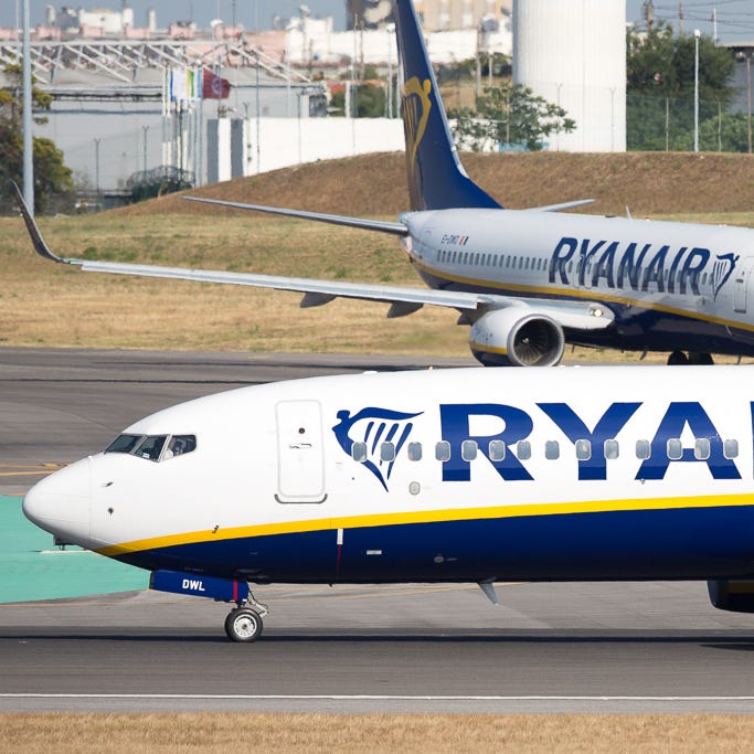 This file photo from June 2018 shows Ryanair Boeing 737s queuing for departure from Lisbon Portela International Airport.