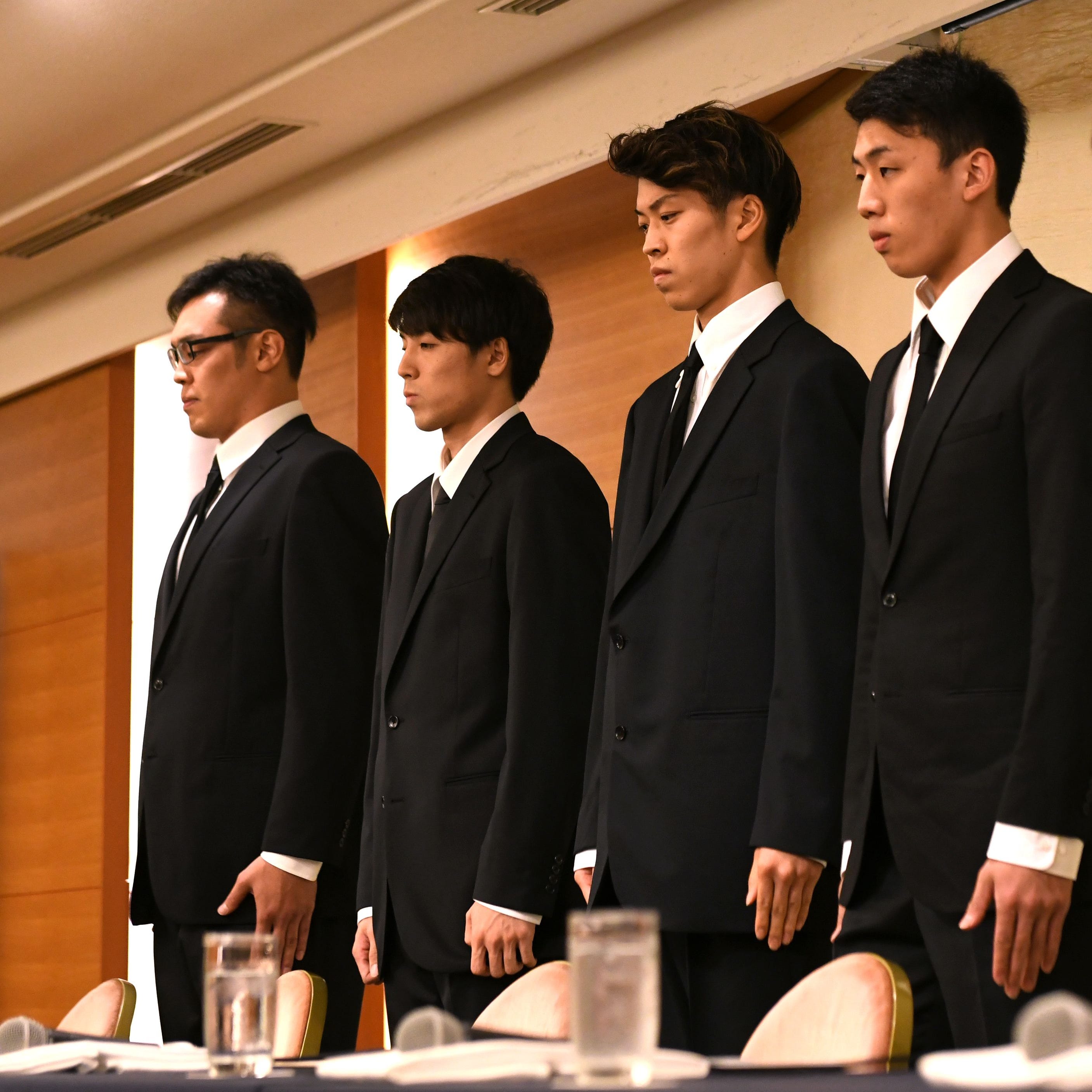 Japan's basketball players (right to left) Yuya Nagayoshi, Takuya Hashimoto, Takuma Sato, Keita Imamura, have been sent home from the Asian Games after they 'spent the night in a hotel with women.'
