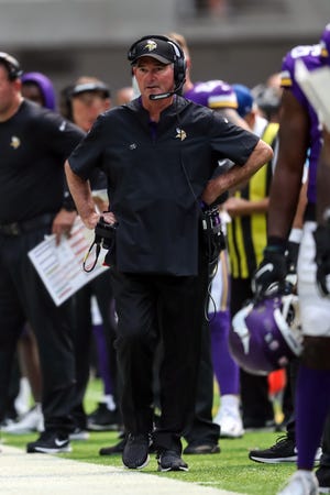 Minnesota Vikings head coach Mike Zimmer looks on during the first quarter against Jacksonville Jaguars at U.S. Bank Stadium.