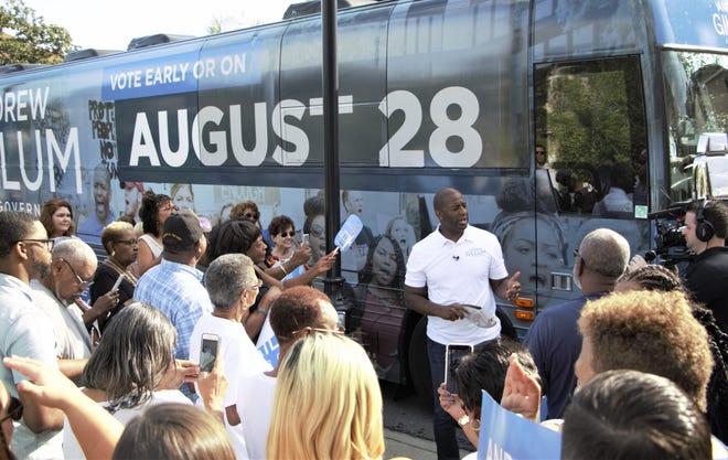 Andrew Gillum speaks to a crowd of supporters outside of the Pensacola Library on Tuesday, Aug. 21, 2018.